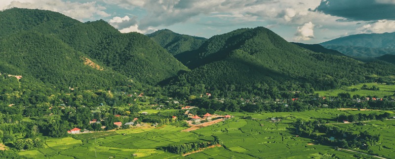Aerial view of Pai rice terraces, river and mountain in Mae Hong Son, Chiang Mai, thailand