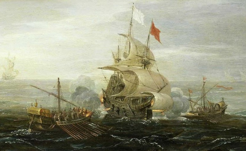 Art showing Galley ship under attack