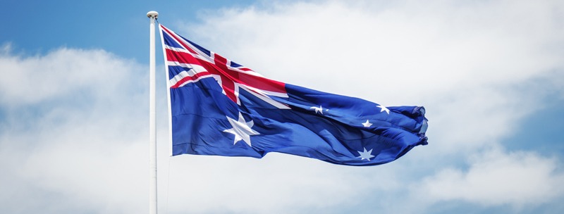 Australian national flag in front of the sky