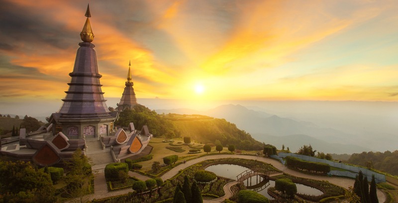 Landscape of two pagoda at the Inthanon mountain at sunset