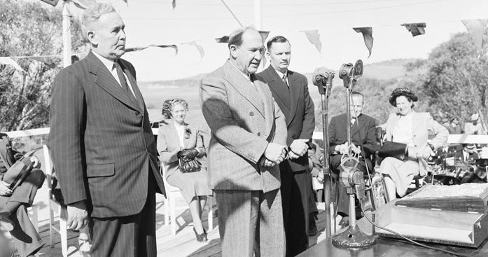 Official launch of the Snowy Mountains Hydro project at Adaminaby in 1949