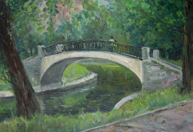 White bridge in a summer park impressionist painting