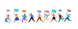 a graphic art of people holding signs with “vote”
