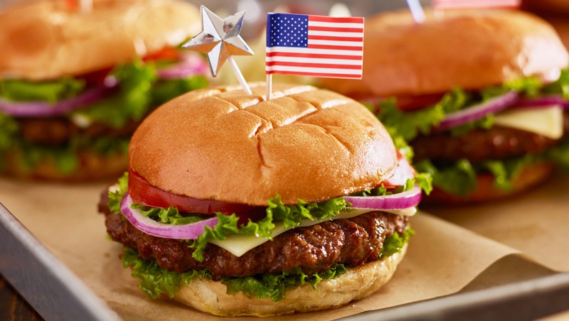 tray of burgers with 4th of july theme