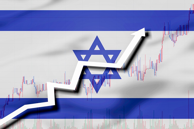 White arrow and stocks chart growth up on the background of the flag of Israel