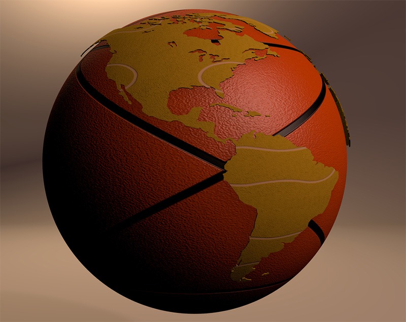 A basketball with a world map