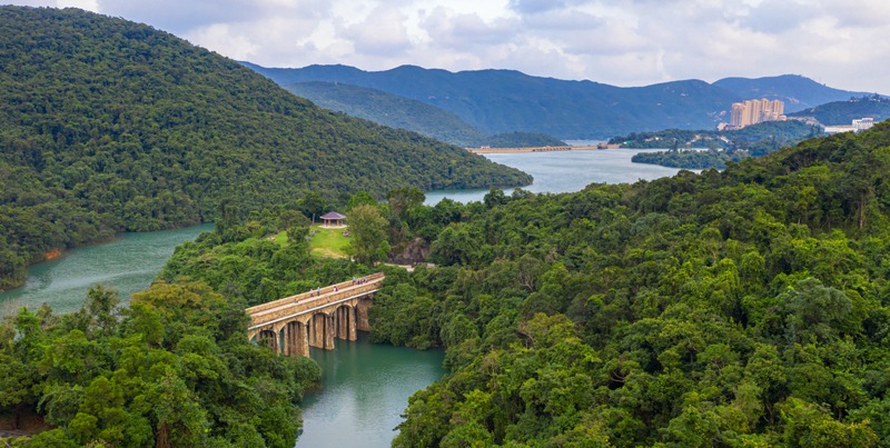 Aerial view of reservoir landscape