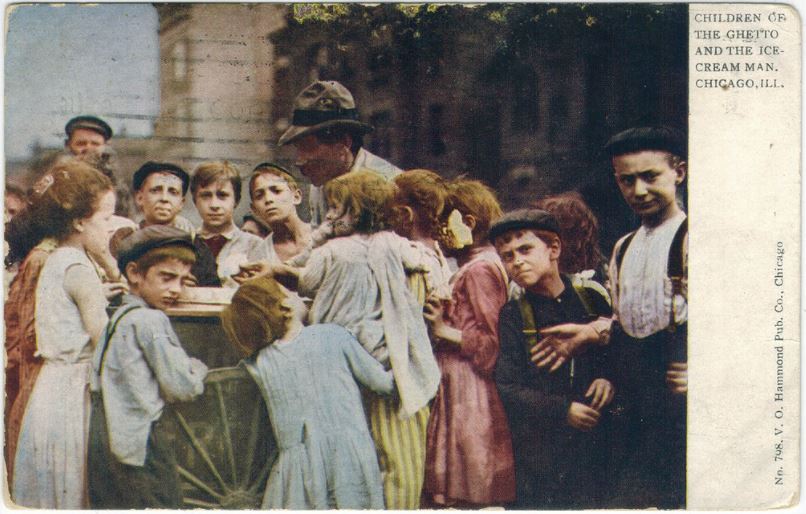 Children surround an ice cream vendor in Chicago, 1909