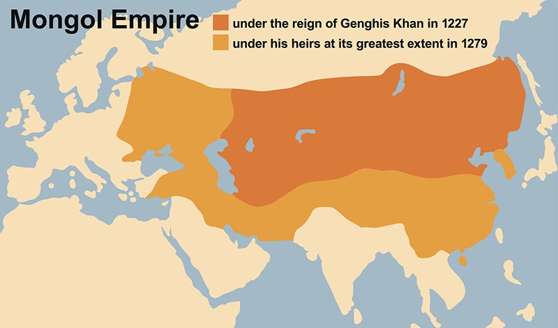 Genghis Khan's Mongol Empire in 1227 and at its greatest extent in 1279