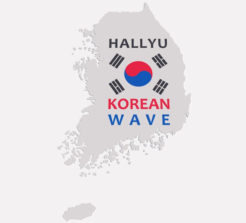 “Hallyu Korean Wave” and the South Korean flag over the map of South Korea