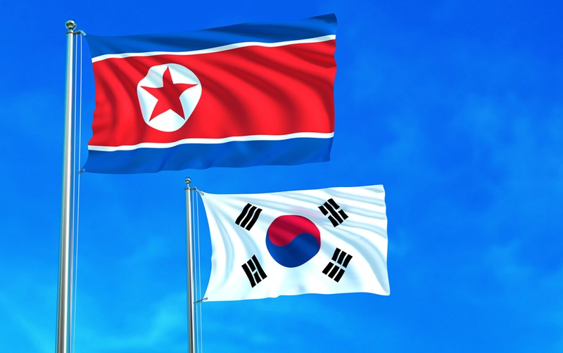 North and South Korea flags on the blue sky