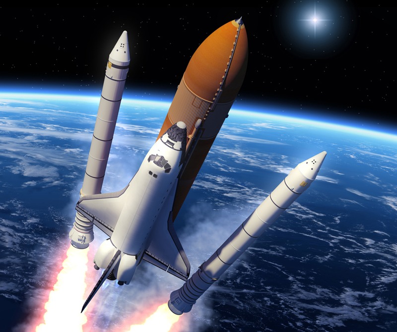 Solid Rocket Boosters detaching from Space Shuttle Orbiter