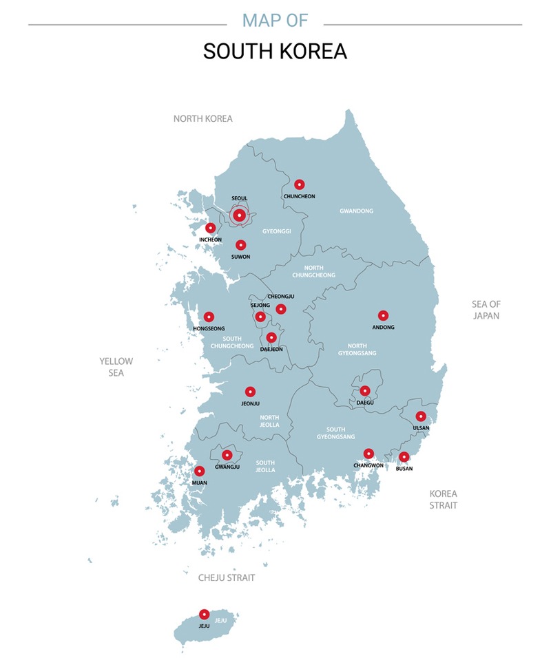 South Korea map vector with red pin