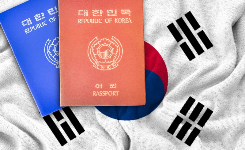 South Korean passport on the fabric flag of South Korea