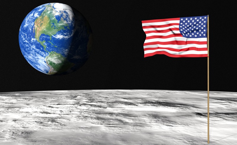 US flag on the Moon, Earth as viewed from the Moon, space, stars
