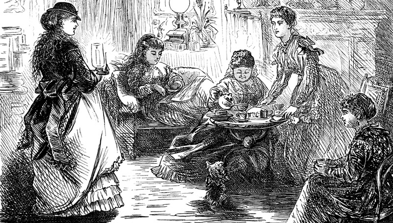 an illustration of British women enjoying tea