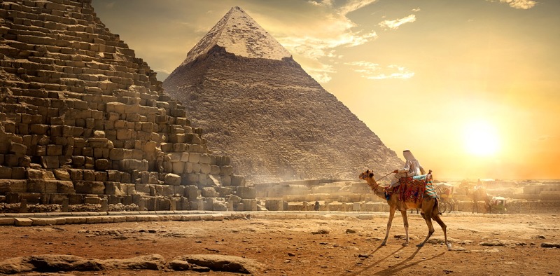 person riding a camel near the pyramids