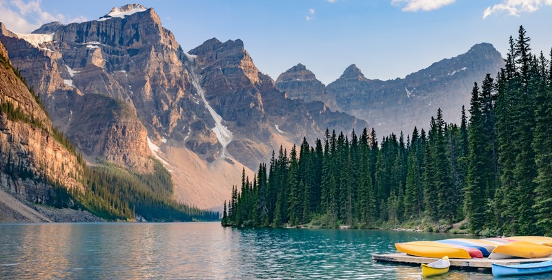 the Rocky Mountains, lake, canoes, trees, sky, clouds
