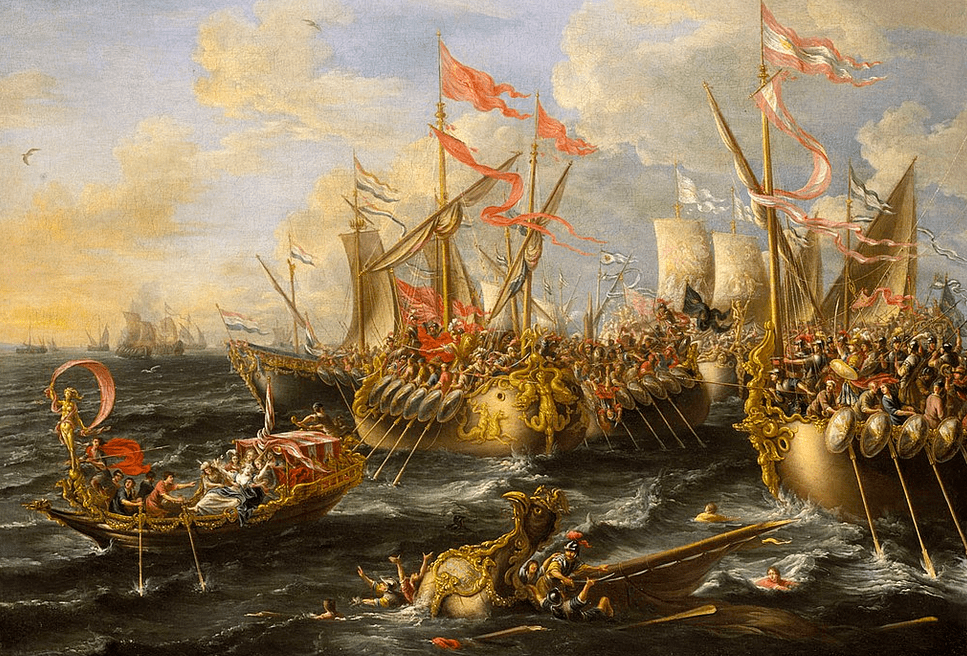 warship, sea setting, soldiers, red flags