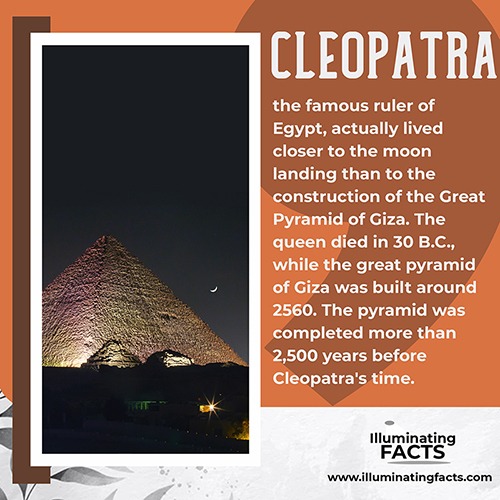 Cleopatra, the famous ruler of Egypt, actually lived closer to the moon landing than to the construction of the Great Pyramid of Giza
