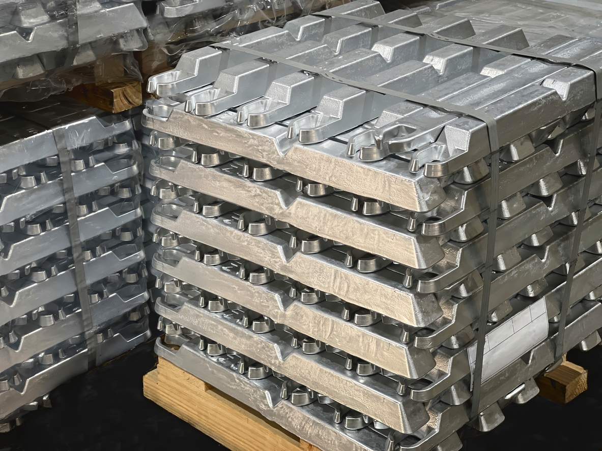 Aluminum ingots stacked on a pallet, raw material, aluminum alloy ready