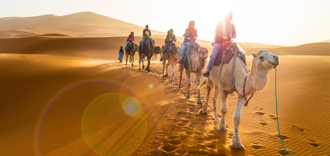 Caravan walking in Merzouga desert