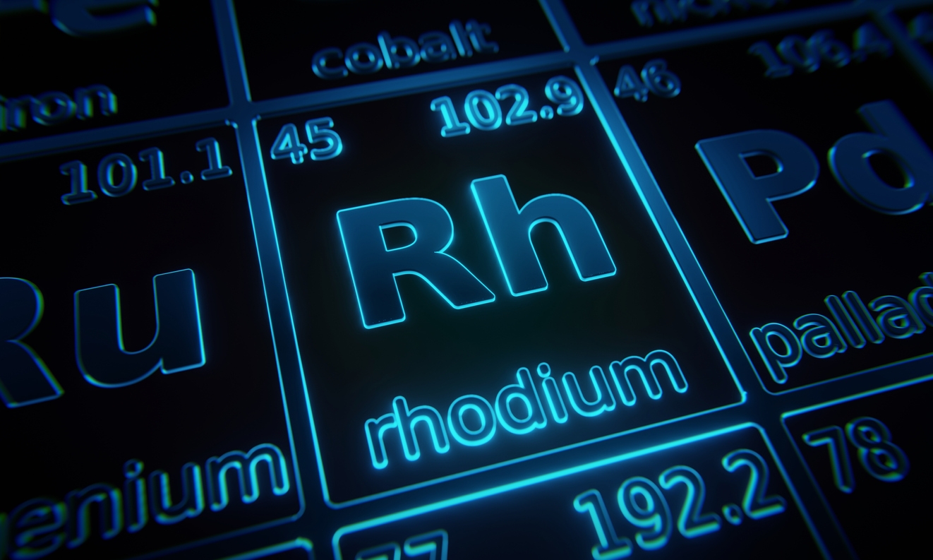 Focus on chemical element Rhodium illuminated in periodic table of elements