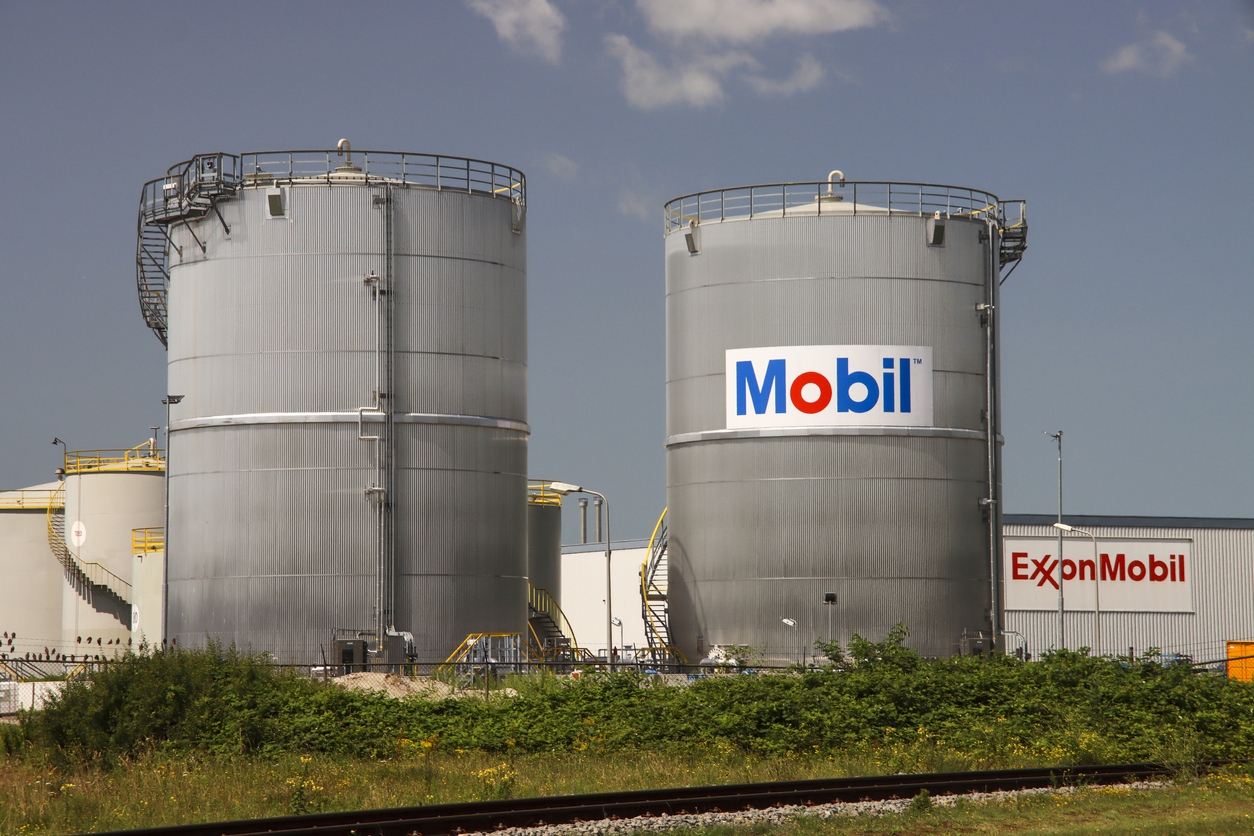 Oil storage tanks at the Exxonmobil terminal in the Pernis harbor