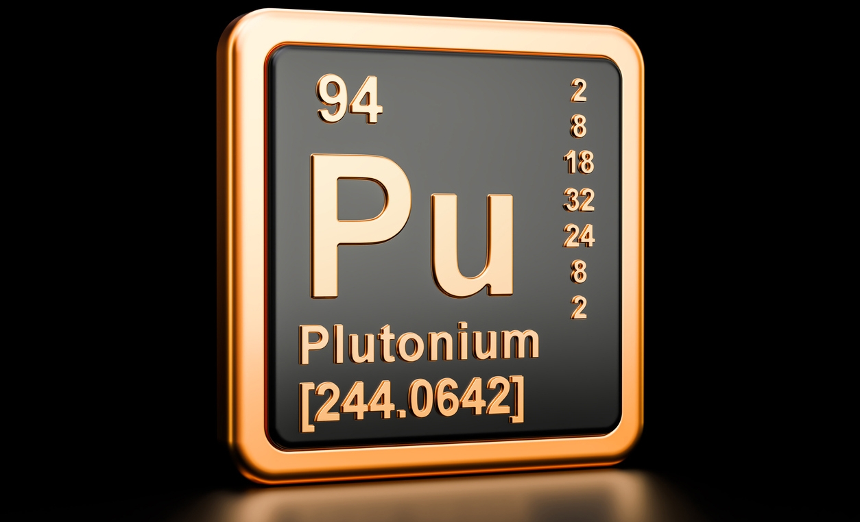 Plutonium Pu, chemical element. 3D rendering isolated on black background