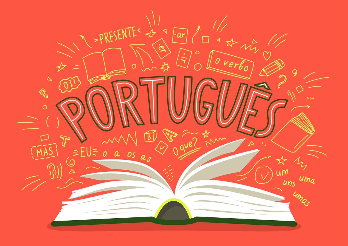 Portugues. Open book with language hand drawn doodles