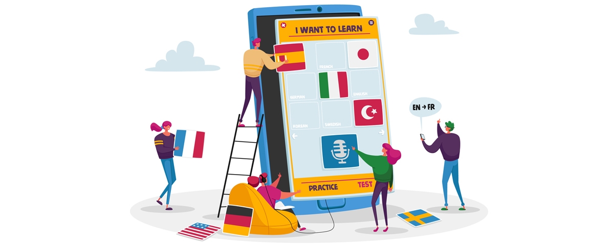 an illustration of people learning foreign languages