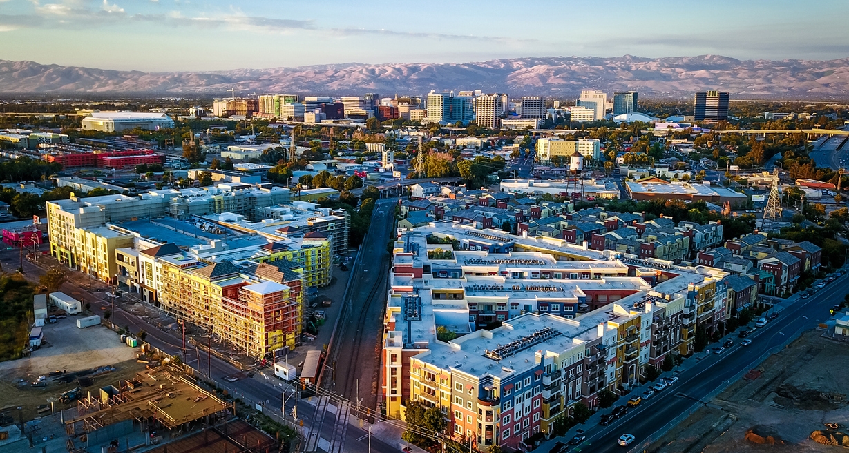 Aerial view of sunset over downtown San Jose in California