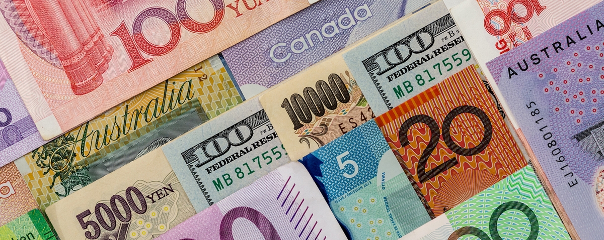 American Us Canadian Australian Dollar, Euro, Japanese Yen, and Chinese Yuan banknotes
