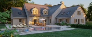Classical pitched slate roof house with pool and garden