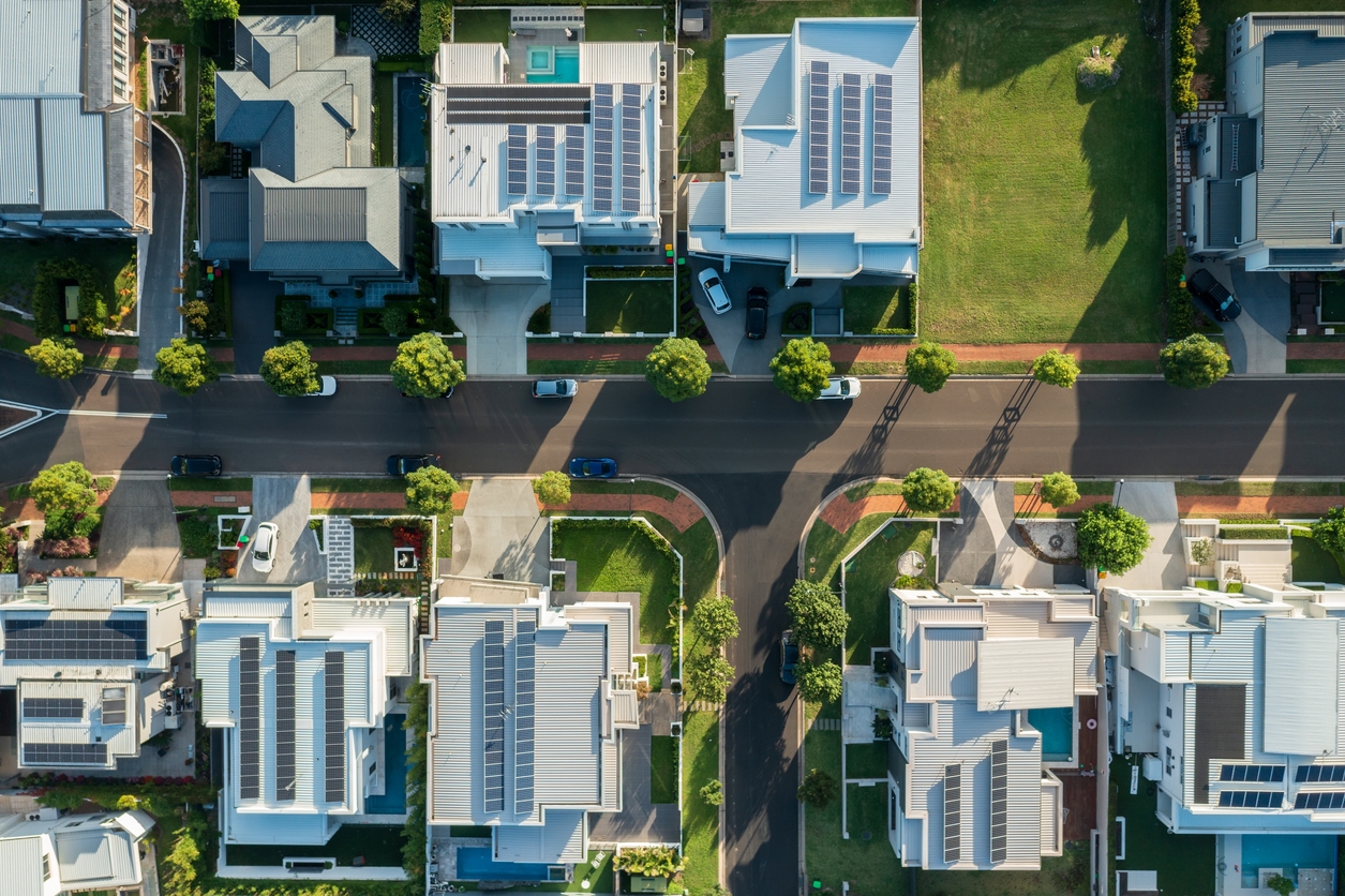 Top down aerial view of modern prestige houses, Australia