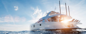 Catamaran motor yacht on the ocean on a sunny day