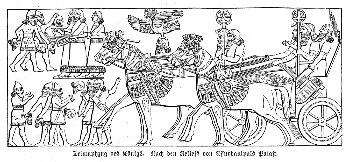 Illustration of King Ashurbanipal palace relief representing the triumph parade of king on chariot, Neo-Assyrian Empire