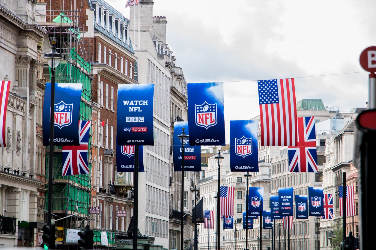 NFL banners with USA flags and Union jack on Regent's Street in Central London