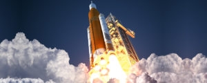 Space launch system taking off