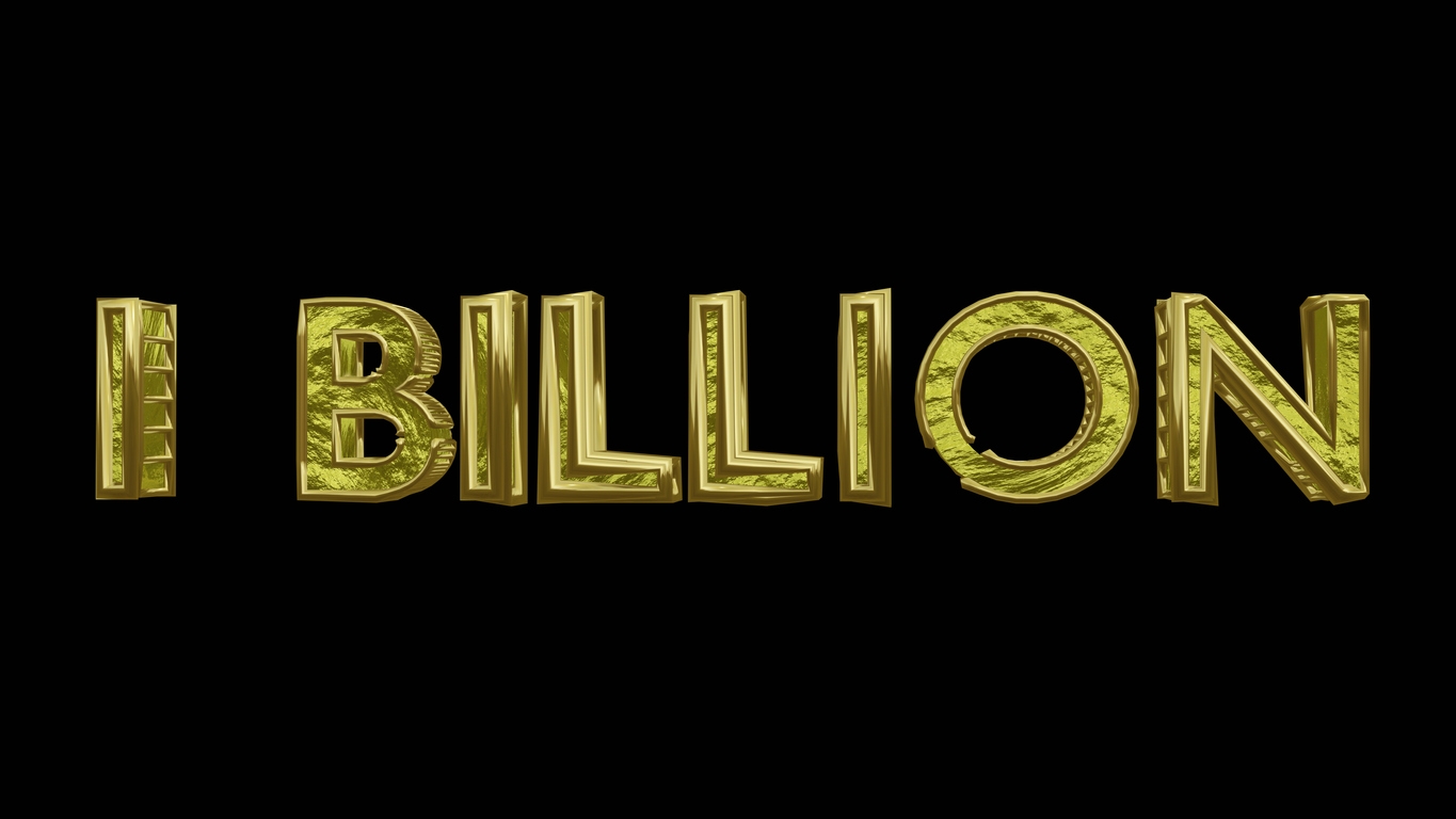 Text "1 BILLION" with letters made out of gold. 3d rendering,