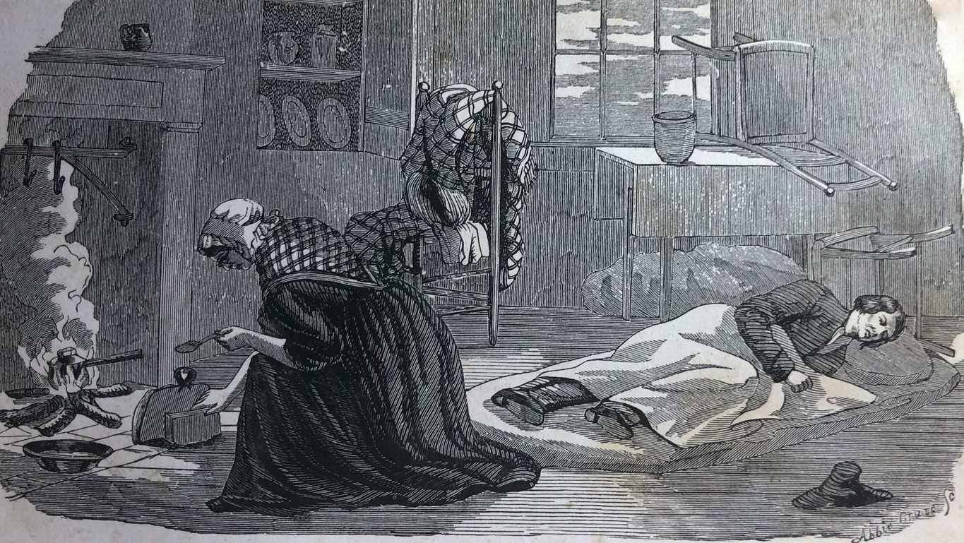 an illustration of a nurse caring for a soldier during the Civil War
