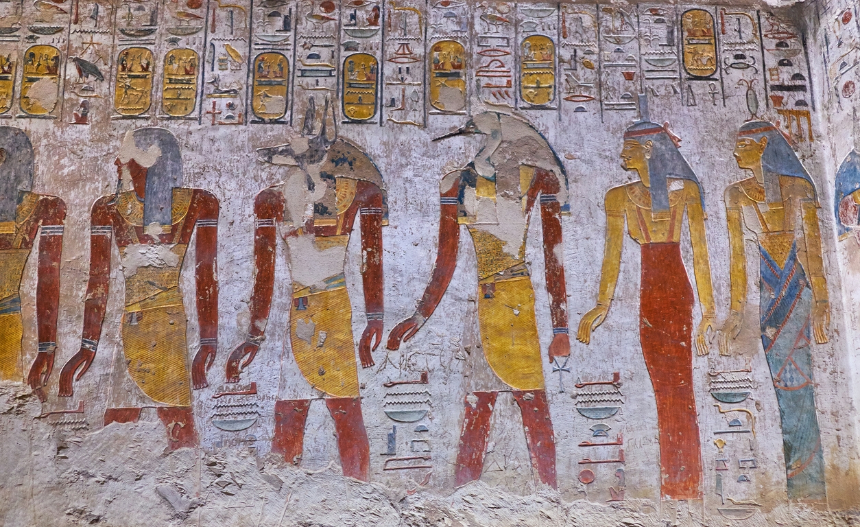hieroglyphs at the pharaoh tomb in the Valley of the Kings in Luxor, Egypt