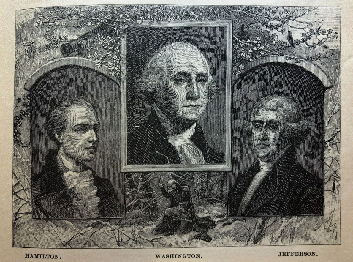 portraits of Hamilton, Washington, and Jefferson