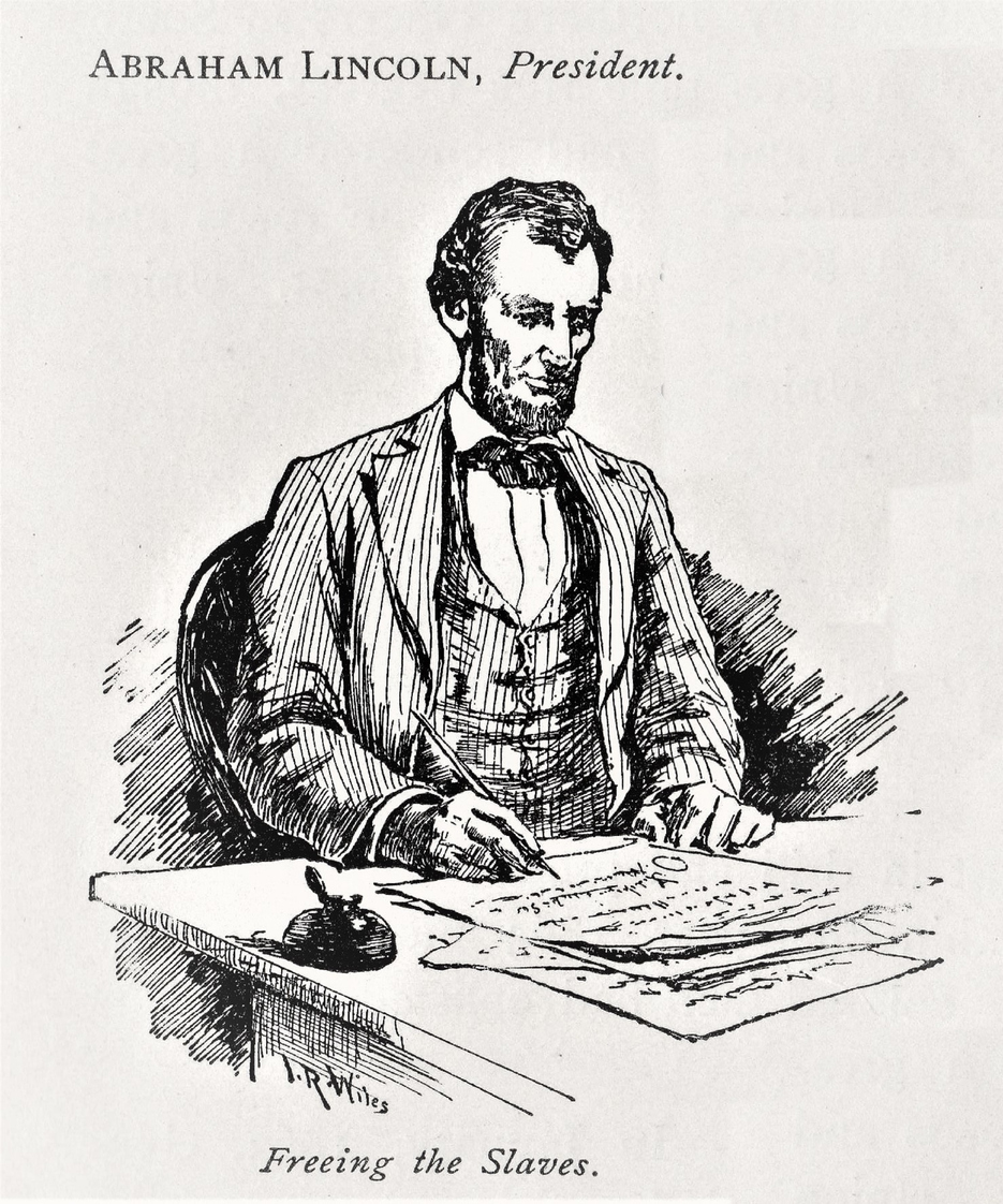 an illustration of Abraham Lincoln writing the Emancipation Proclamation