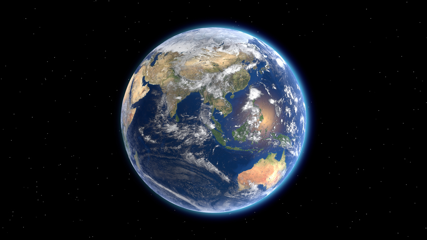 Flying over the earth's surface, Eurasia and Australia. 3D rendering.