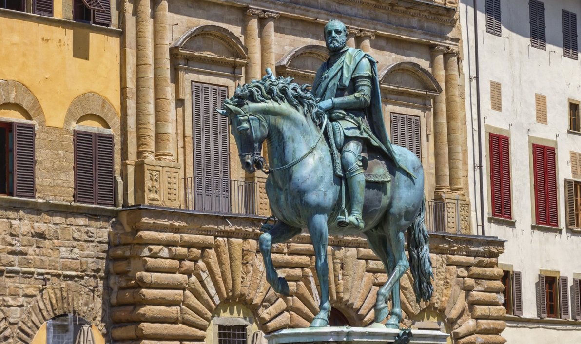 Equestrian statue of Cosimo I in Signoria Square of Florence by day, Italy
