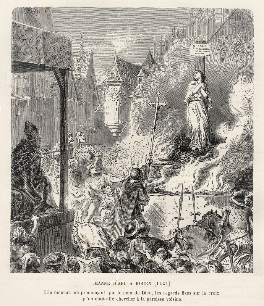 The English burn Joan of Arc at the stake on the charge of witchcraft in 1431 during the Hundred Years’ War