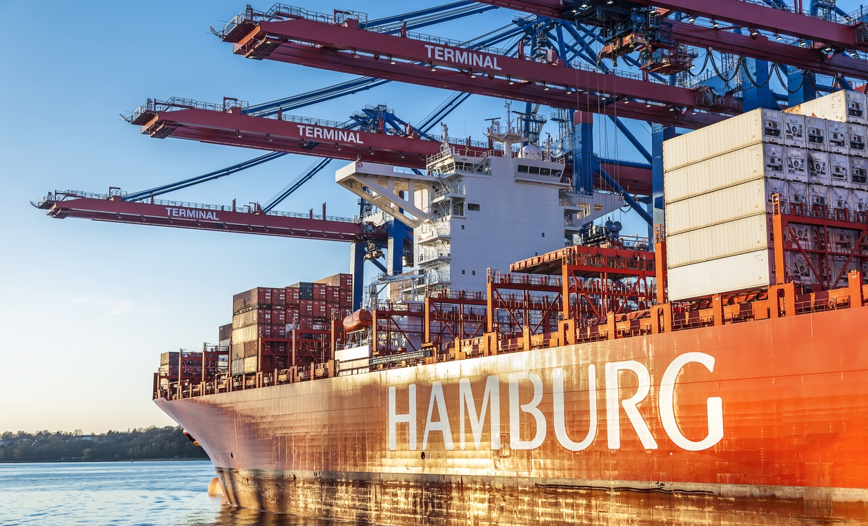 a container ship in Hamburg, Germany