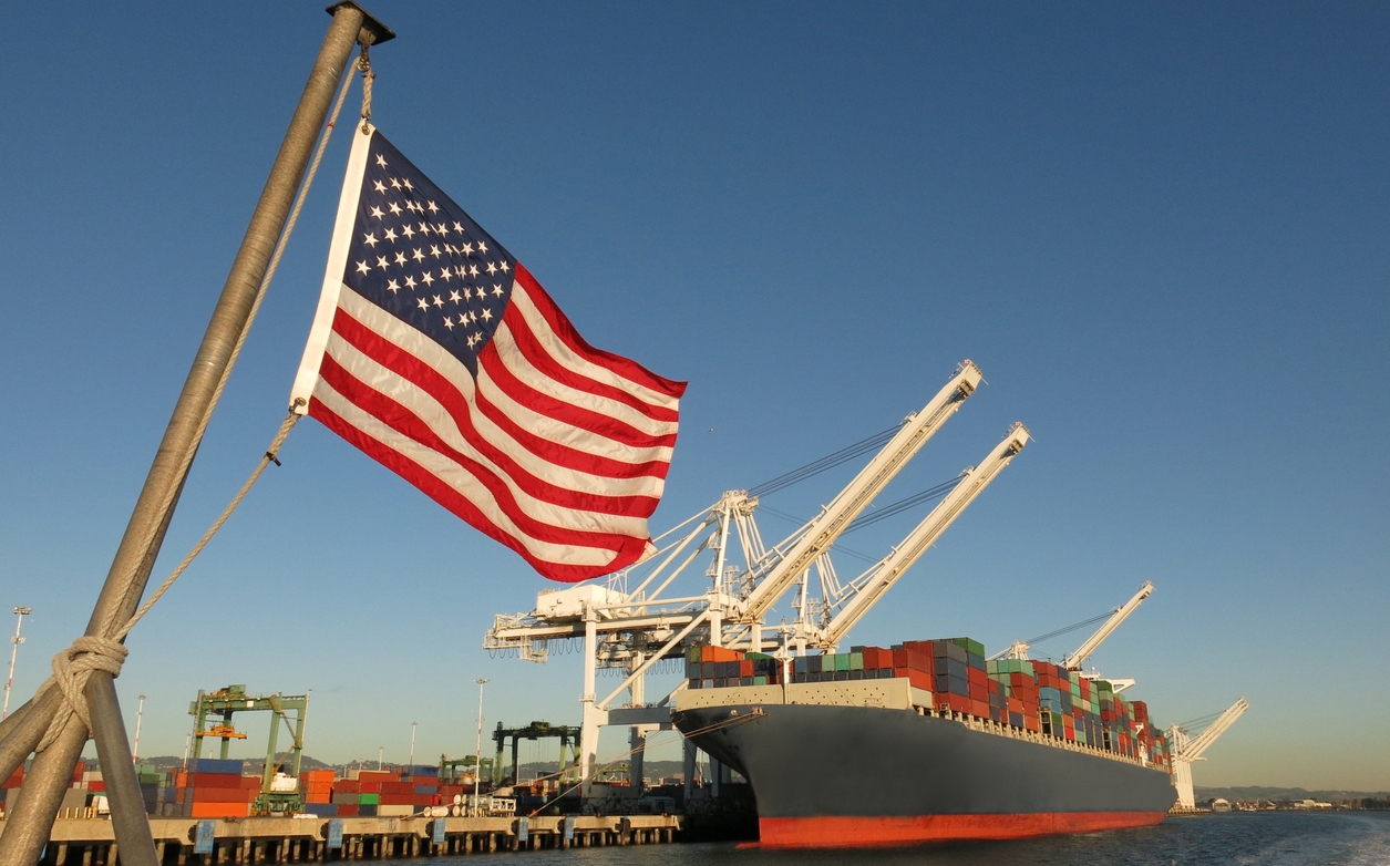 an American flag in a US port