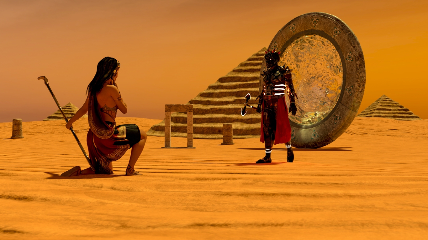 an illustration of an ancient Egyptian woman watching an alien warrior from space